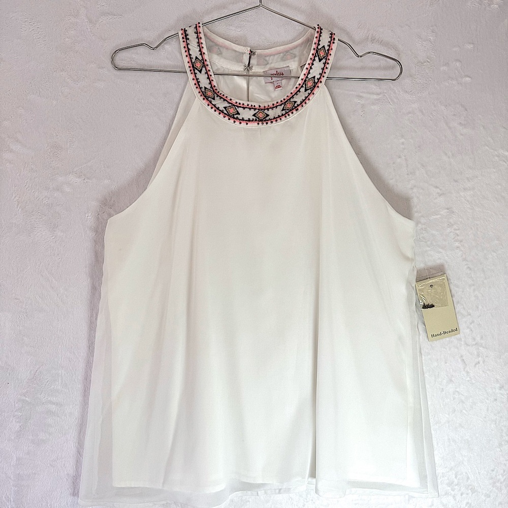 Pixley Jenner White Gray Neon Orange Beaded Embroidered Neckline Halter Top